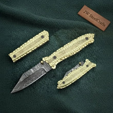 Load image into Gallery viewer, Handmade Damascus Steel Folding Knife with Olive Wood Handle – Brass Liner Pocket Knife