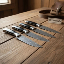Load image into Gallery viewer, Premium Damascus Steel Hunting Knife Set — Full Tang Bushcraft &amp; Field Knives with Sheath
