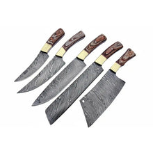Load image into Gallery viewer, Handmade Damascus Kitchen Knife Set of 5 with Full Tang Wood Handles