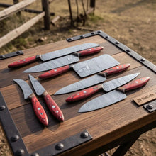 Load image into Gallery viewer, Damascus Kitchen Knife Set of 8, Hand-Forged with Red Pakka Handles