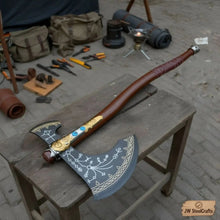 Load image into Gallery viewer, Hand Forged Viking Fantasy Double-Bit Axe with Norse Engraving, Gold Handle Fittings and Blue Gemstone Inlays