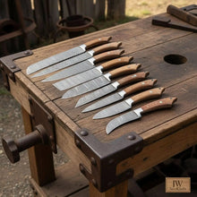 Load image into Gallery viewer, 9-Piece Handmade Damascus Kitchen Knife Set with Japanese Blade Profiles and Walnut Wood Handles