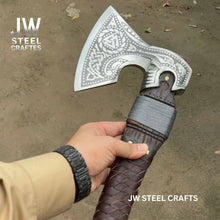 Load image into Gallery viewer, Viking Style Engraved Axe | Handcrafted Leather Wrapped Handle