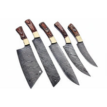 Load image into Gallery viewer, Handmade Damascus Kitchen Knife Set of 5 with Full Tang Wood Handles