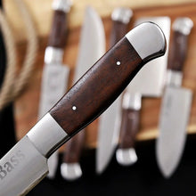 Load image into Gallery viewer, 6-Piece High Carbon Steel Kitchen Knife Set with Leather Roll — Olive Wood Handles, Steel Bolsters, 7 to 12 Inc