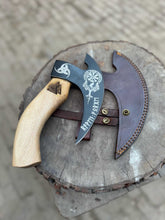 Load image into Gallery viewer, Product: Viking Style Engraved Bearded Axe – Oak Wood Handle