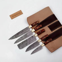 Load image into Gallery viewer, Handmade Damascus Kitchen Knife Set with Pakka Wood Handles and Leather Roll, Full Tang Chef Santoku Cleaver Utility and Paring Knives, Professional Culinary Collection