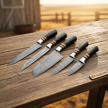 Load image into Gallery viewer, 5-Piece Handmade Damascus Kitchen Knife Set with Chef, Santoku, Utility, Carving, Paring Knives