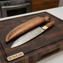 Load image into Gallery viewer, 14-Inch Handmade Damascus Chef Knife – Brown Handle &amp; Brass Bolster | Layered Damascus Blade | Hand-Stitched Leather Sheath Included