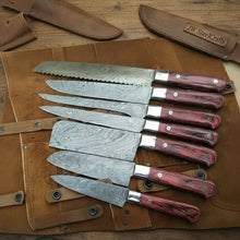 Load image into Gallery viewer, 8-Piece Damascus Kitchen Knife Set — Red Pakka Wood Handles