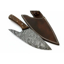 Load image into Gallery viewer, Handmade Fire Pattern Damascus Camp Utility Knife – 12” Fixed Blade with Rosewood Handle &amp; Leather Sheath