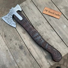 Load image into Gallery viewer, Handmade Viking Double-Bit Carbon Steel Axe with Norse Rune Etching and Engraved Hardwood Handle