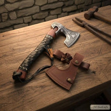 Load image into Gallery viewer, Viking Rune Engraved Bearded Hatchet with Leather Wrapped Handle