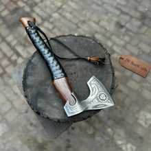 Load image into Gallery viewer, Viking Axe with Leather Wrapped Handle &amp; Engraved Head – JW SteelCrafts