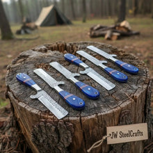 Load image into Gallery viewer, Handmade 6-Piece Ranch Bull Cutter Knife Set with Blue Resin Handles