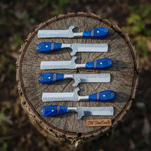 Load image into Gallery viewer, Handmade 6-Piece Ranch Bull Cutter Knife Set with Blue Resin Handles