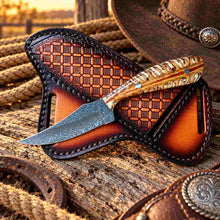 Load image into Gallery viewer, Handmade Damascus Ranch Cowboy Knife with White Pinecone Handle &amp; Western Leather Sheath