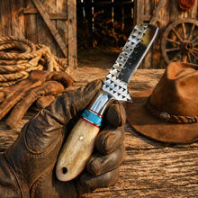 Load image into Gallery viewer, Handmade Rasp Steel Cowboy Bull Cutter Knife – Turquoise &amp; Camel Bone Handle with Leather Sheath