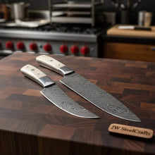 Load image into Gallery viewer, 2-Piece Damascus Chef Knife Set — 10 &amp; 8 Inch Wave Pattern Blades, White Camel Bone Handles &amp; Steel Bolsters | JW Steel Crafts