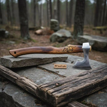 Load image into Gallery viewer, Hand Forged Damascus Steel Viking Axe – 18” Bearded Bushcraft Hatchet with Hardwood Handle | JW SteelCrafts