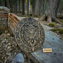 Load image into Gallery viewer, Handcrafted Viking Shield and Engraved Axe Set with Raven Motif and Norse Knotwork