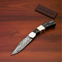 Load image into Gallery viewer, Handmade Damascus Folding Pocket Knife – Engraved &amp; Plain Handle Variants | Leather Sheath Included