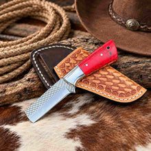 Load image into Gallery viewer, Custom Handmade Horse Rasp Stainless Steel 3-Inch Western Bull Cutter with Red Stone Handle &amp; Leather Sheath