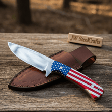 Load image into Gallery viewer, Handmade Drop Point Hunting Knife – High Polish Bearing Steel Blade, USA Flag Handle, Full Tang Fixed Blade