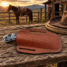 Load image into Gallery viewer, Redstone Damascus Cowboy Bull Cutter Knife – Resin Handle &amp; Leather Sheath