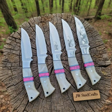 Load image into Gallery viewer, 5-Piece Resin Hunting Knife Set with Cream Resin &amp; Pink Turquoise Handles