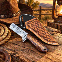 Load image into Gallery viewer, Custom Handmade Horse Rasp Stainless Steel 6-Inch Western Cowboy Bull Cutter with Resin &amp; Pinecone Handle and Leather Sheath
