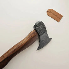 Load image into Gallery viewer, Handcrafted Damascus Utility Hatchet – Bearded Blade Style, Solid Wood Handle, Sheath Included