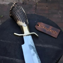 Load image into Gallery viewer, Handmade Carbon Steel Hunting Knife with Stag Horn Handle &amp; Leather Sheath