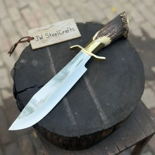 Load image into Gallery viewer, Handmade Carbon Steel Hunting Knife with Stag Horn Handle &amp; Leather Sheath