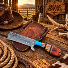 Load image into Gallery viewer, Rodeo Western Bull Cutter Damascus Knife Turquoise &amp; Color Spacer Handle 8" Horseshoe Leather Sheath