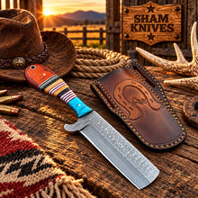 Load image into Gallery viewer, Rodeo Western Bull Cutter Damascus Knife Turquoise &amp; Color Spacer Handle 8" Horseshoe Leather Sheath