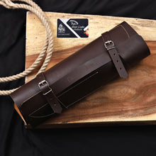 Load image into Gallery viewer, 6-Piece High Carbon Steel Kitchen Knife Set with Leather Roll — Olive Wood Handles, Steel Bolsters, 7 to 12 Inc