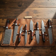 Load image into Gallery viewer, 8-Piece Damascus Kitchen Knife Set — 7 to 13 Inch Blades with Black and Red Pakka Wood Handles, Mosaic Pins &amp; Leather Roll | JW Steel Crafts