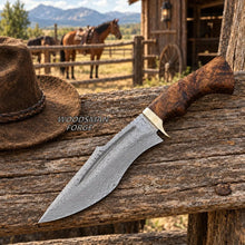 Load image into Gallery viewer, Rosewarden Hunting Bowie Knife – 15" Damascus Steel, Rosewood Handle &amp; Sheath