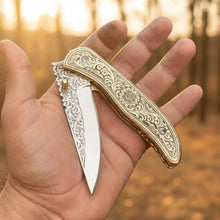 Load image into Gallery viewer, Handmade Engraved Brass Handle Folding Knife for EDC