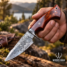 Load image into Gallery viewer, Damascus Field Dressing Knife with Wooden Handle &amp; Leather Sheath