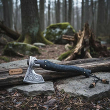 Load image into Gallery viewer, Handmade Viking Axe with High Carbon Steel Blade, Custom Engraving and Leather Sheath