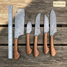 Load image into Gallery viewer, Custom Hand-Forged Damascus 5-Piece Kitchen Knife Set with Olive Wood Handles