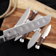 Load image into Gallery viewer, 6-Piece High Carbon Steel Kitchen Knife Set with Leather Roll — Olive Wood Handles, Steel Bolsters, 7 to 12 Inc