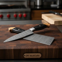 Load image into Gallery viewer, Premium Damascus Cleaver and Santoku knife Set — Olive Wood &amp; Black Resin Handles, Full Tang Chef Knives
