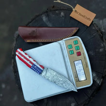 Load image into Gallery viewer, Damascus Steel USA Flag Handle Knife — 5-Inch Raindrop, &amp; Leather Sheath