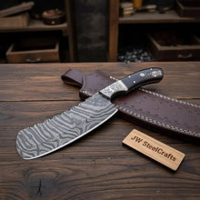 Load image into Gallery viewer, 10-Inch Forged Damascus Nakiri Chopper — Ladder Pattern Blade, Engraved Damascus Bolster, Black Resin Handle &amp; Tooled Leather Sheath