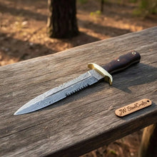 Load image into Gallery viewer, Hammer forged Damascus Dagger Knife with 8” Double Edge Serrated Blade, Sawback Spine, Brass Guard, Rosewood Handle (Full Tang Fixed Blade)
