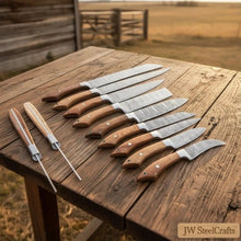 Load image into Gallery viewer, 9-Piece Handmade Damascus Kitchen Knife Set with Japanese Blade Profiles and Walnut Wood Handles