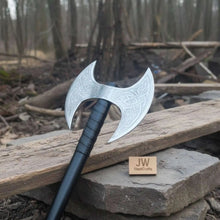 Load image into Gallery viewer, Custom Handmade Double-Headed Viking Axe with Nordic Knotwork Engravings and Cord-Wrapped Handle